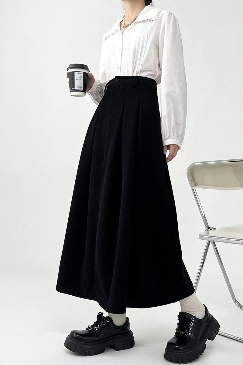 Casual Soft Solid Pleated Draped Elastic Waist Slim Skirt wool skirt warm