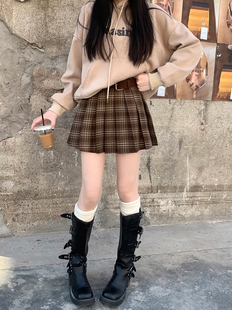 Retro Plaid Coffee Color A-line Pleated Short College Skirt leather skirt bold