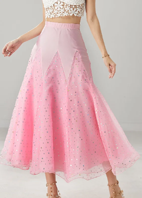 Beautiful Pink Zircon Patchwork Tulle Dance Skirt Spring velvet skirt luxurious