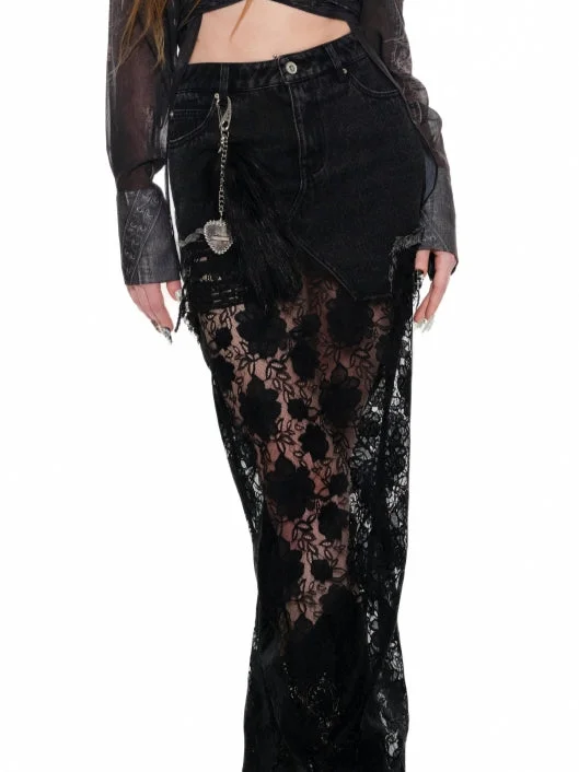 Black & Blue Lace Panel Denim Maxi Skirt maxi skirt elegant