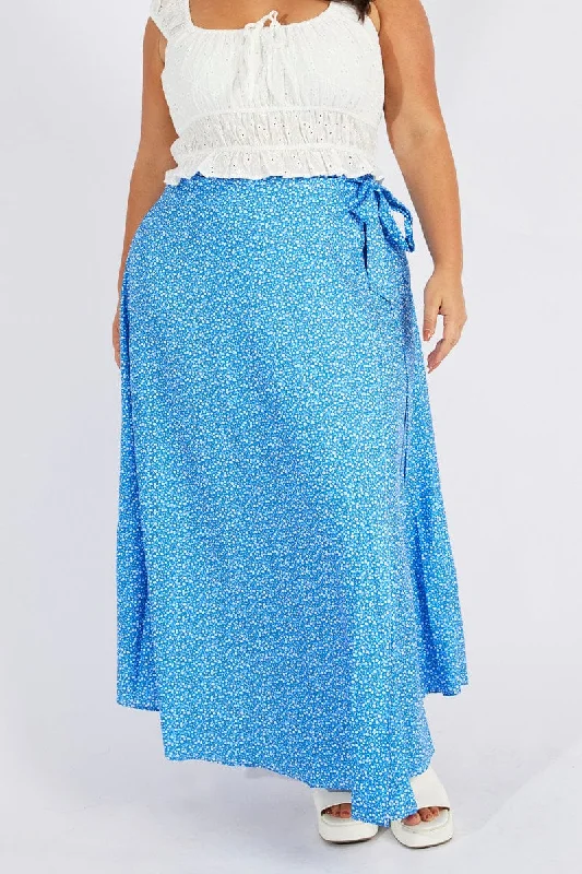 Blue Ditsy Wrap Maxiskirt high waist skirt