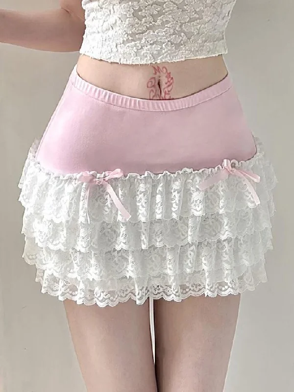 Bow Lace Patchwork Color Clash Skirt velvet skirt plush