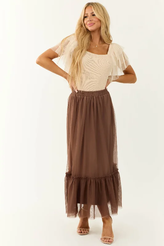 Coffee Tulle Ruffle Hem Maxi Skirt corduroy skirt cozy