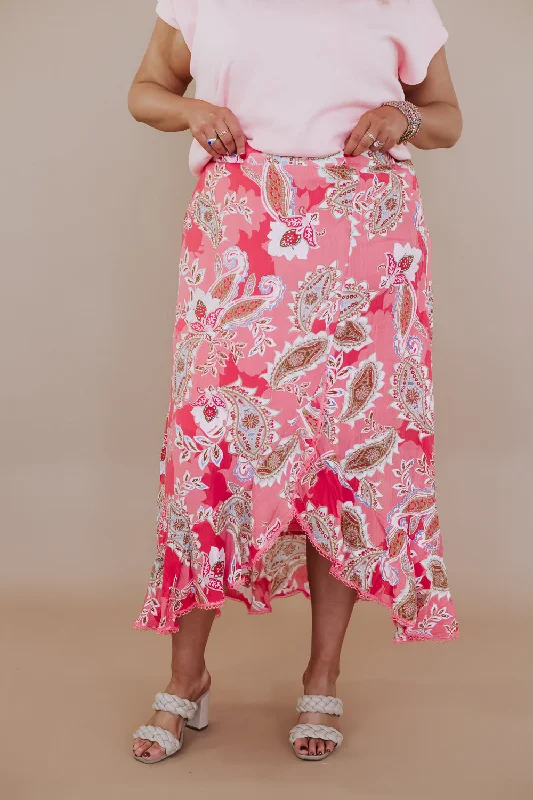 Printed Ruffle Hem Skirt, Guava midi skirt versatile