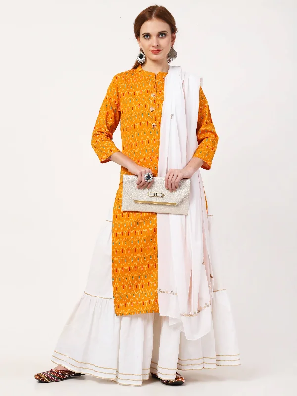 Women's Yellow & White Cotton Flex Kurta With Skirt & Embroidered Dupatta Set - Cheera tiered skirt playful