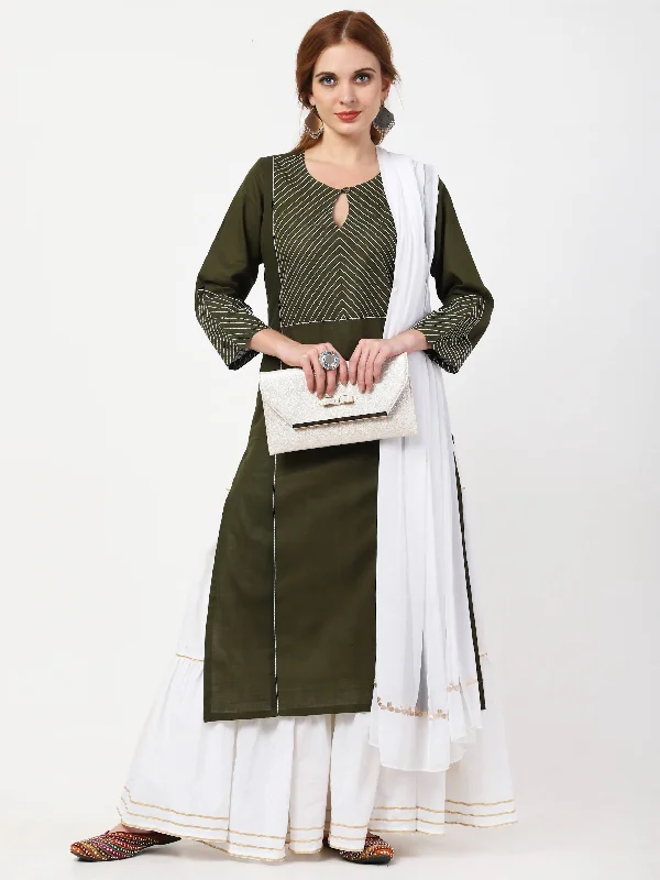 Women's Olive Green & White Viscose Rayon Kurta With Skirt & Embroidered Dupatta Set - Cheera corduroy skirt textured