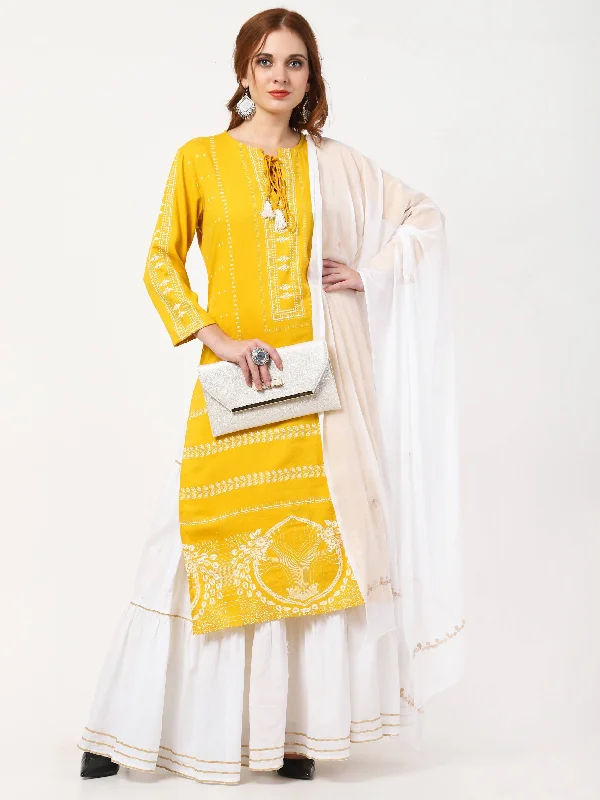 Women's Mustard & White Cotton Kurta With Skirt & Embroidered Dupatta Set - Cheera silk skirt sleek