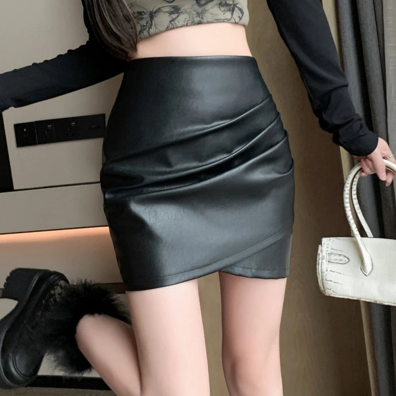 New Summer PU Leather Slim Fit Mini Skirt Bottom ruffled skirt detail