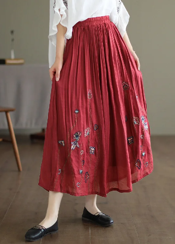 Red Linen Silk A Line Skirts Embroideried Exra Large Hem Spring chiffon skirt delicate