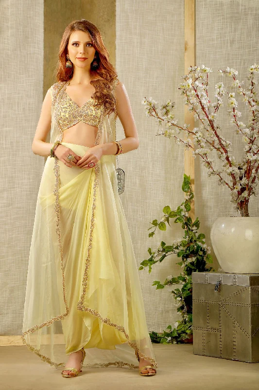 Lemon Yellow embroidered top with pullup skirt and cape silk skirt lustrous