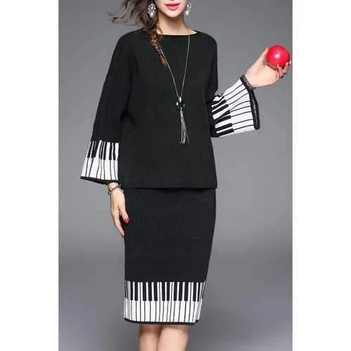 Bell Sleeve Print Knitwear and Skirt - Black One Size lace skirt romantic