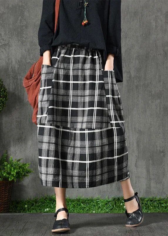 Vintage Black Plaid Pockets Patchwork A Line Fall Skirts linen skirt airy