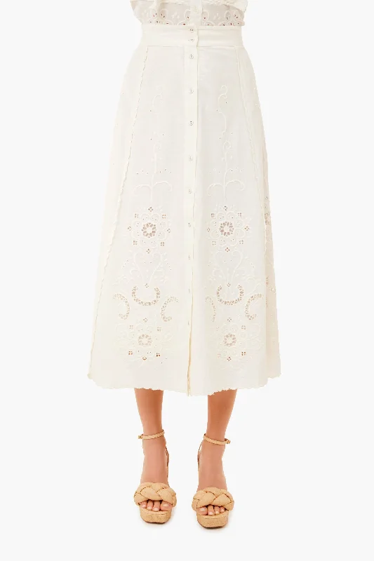 White Kiara Embroidered Button-Down Skirt silk skirt sleek