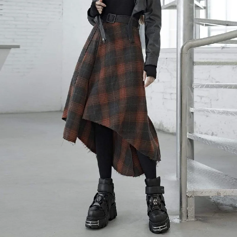 Women's Grunge High-Waisted Plaid Irrgular Skirt with Belt linen skirt relaxed